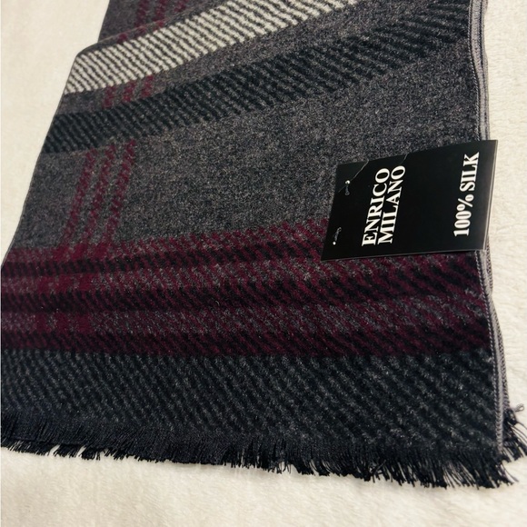 Enrico Milano 100% Silk Gray and Burgundy Scarf NWT - Picture 6 of 10